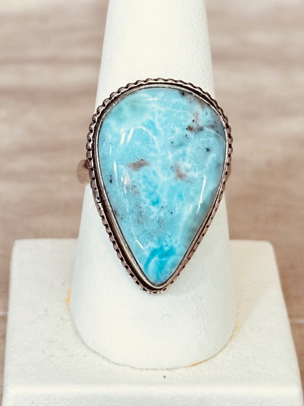 Larimar Pear Ring 925 Sterling Silver Blue Gemstone Boho Vintage Size 8-1/4